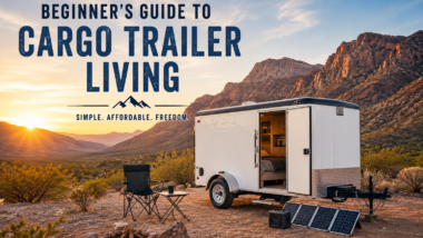 A clean white cargo trailer parked in a scenic desert campsite at sunrise, with a simple camp chair, portable solar panels, mountains in the distance, and a feeling of freedom and adventure.