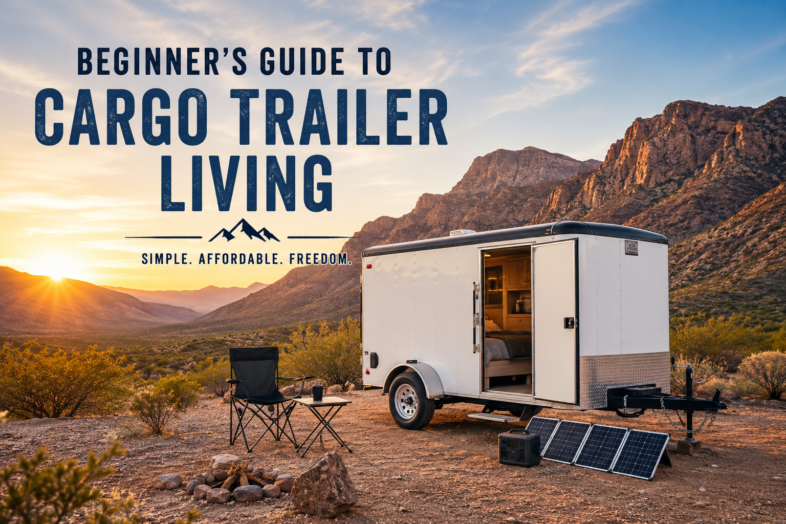 A clean white cargo trailer parked in a scenic desert campsite at sunrise, with a simple camp chair, portable solar panels, mountains in the distance, and a feeling of freedom and adventure.