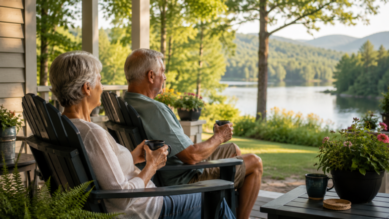 A warm and realistic scene of a retired couple enjoying coffee on a peaceful front porch overlooking nature. The setting should feel calm, uncluttered, and stress-free. Soft morning sunlight, comfortable seating, and a sense of contentment and freedom.