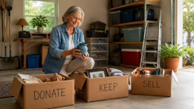 A realistic and inviting garage or spare room with neatly organized boxes labeled donate, keep, and sell. An older adult calmly sorting belongings with a positive and hopeful expression. The room feels organized, bright, and peaceful rather than chaotic. Warm natural lighting, clean surroundings, and a sense of freedom and fresh beginnings.